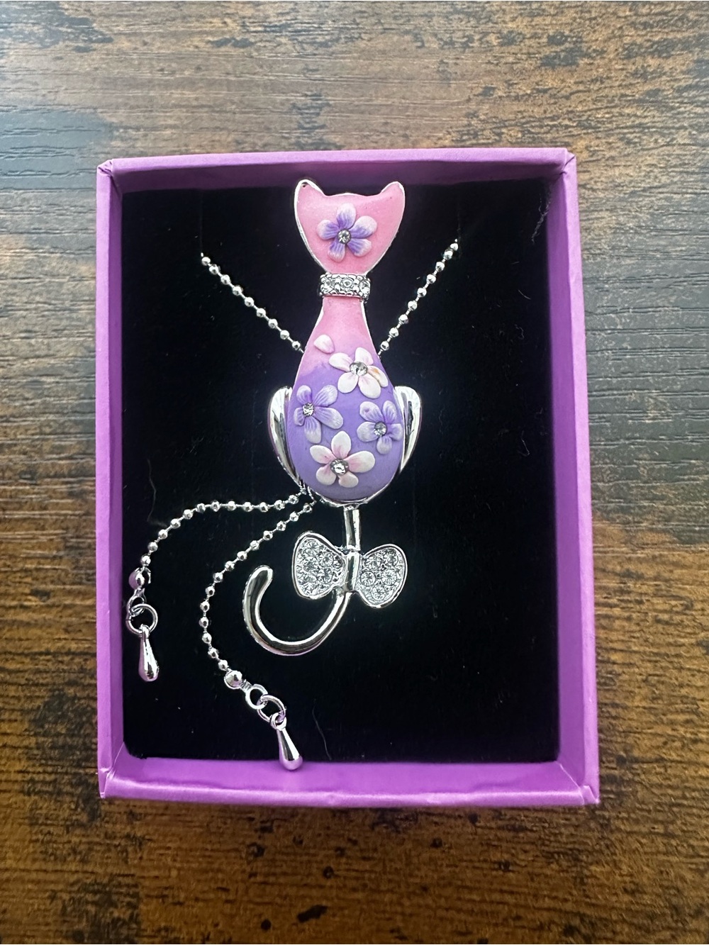 Cat Floral Pendant Long Necklace in Pink and Purple